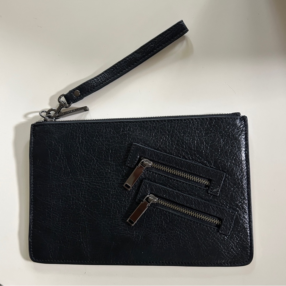 Rebecca Minkoff black leather wallet clutch purse wristlet removable strap